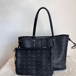 MCM Visetos Reversible Shopper Tote Bag Black with Pouch